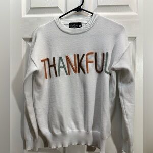 Love White Crewneck Sweater with Multicolor 'THANKFUL' Lettering